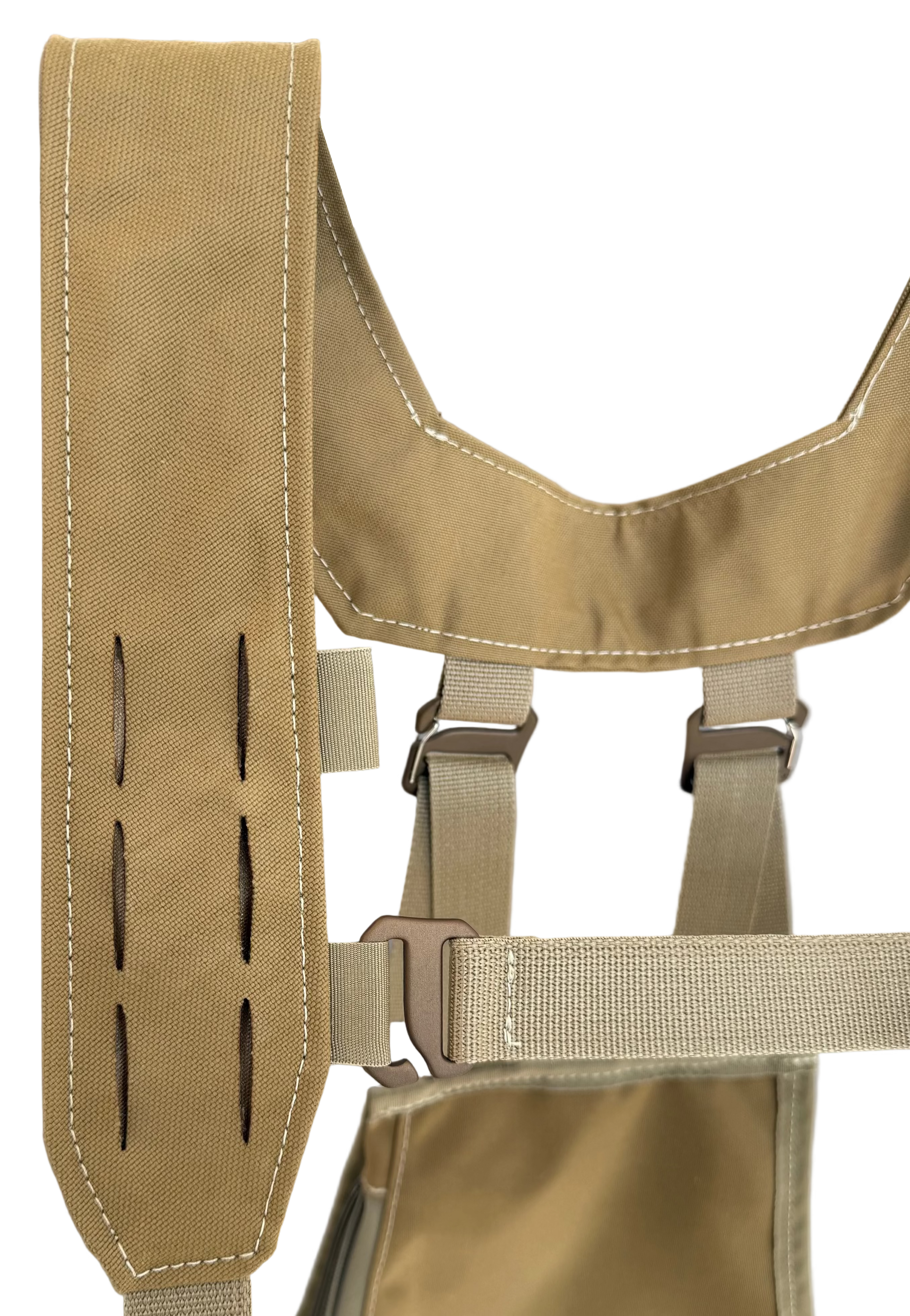 Laser cut molle yoke with anodized aluminum- adjustable sternum strap.