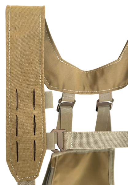 Laser cut molle yoke with anodized aluminum- adjustable sternum strap.
