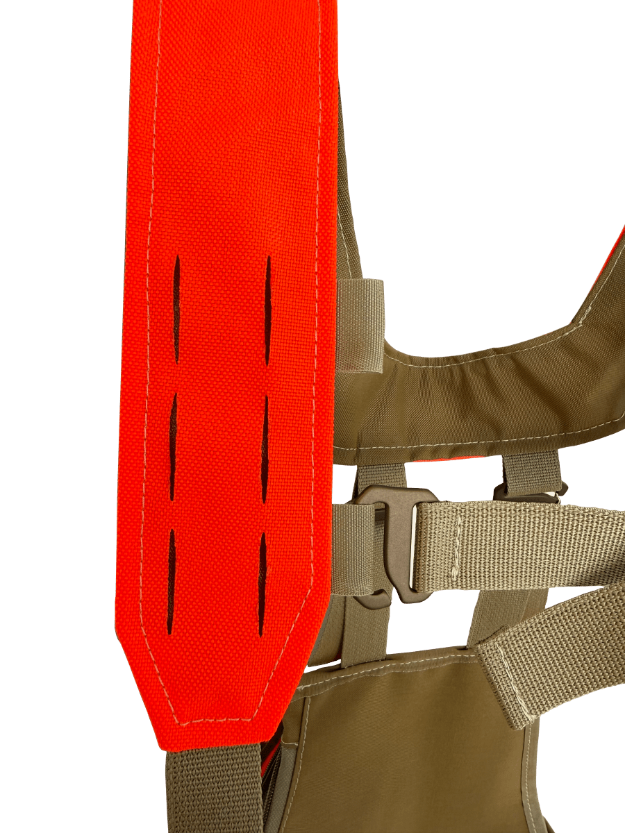 Laser cut molle yoke with anodized aluminum- adjustable sternum strap.
